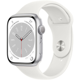Apple Watch Series 8 45 мм (алюминиевый корпус, серебристый/белый, спортивный силиконовый ремешок)